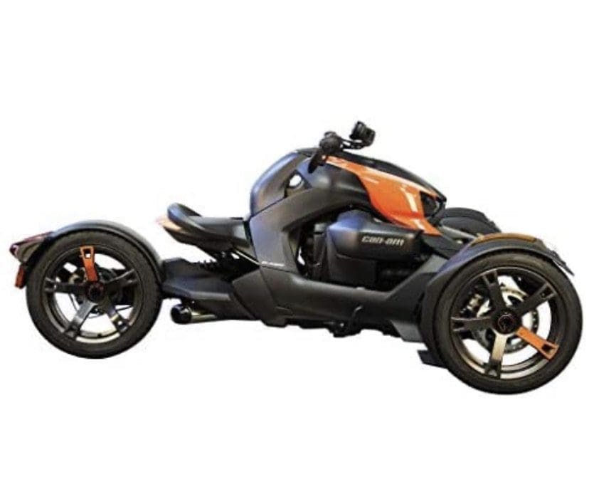 A sleek three-wheeled motorcycle with a modern design.