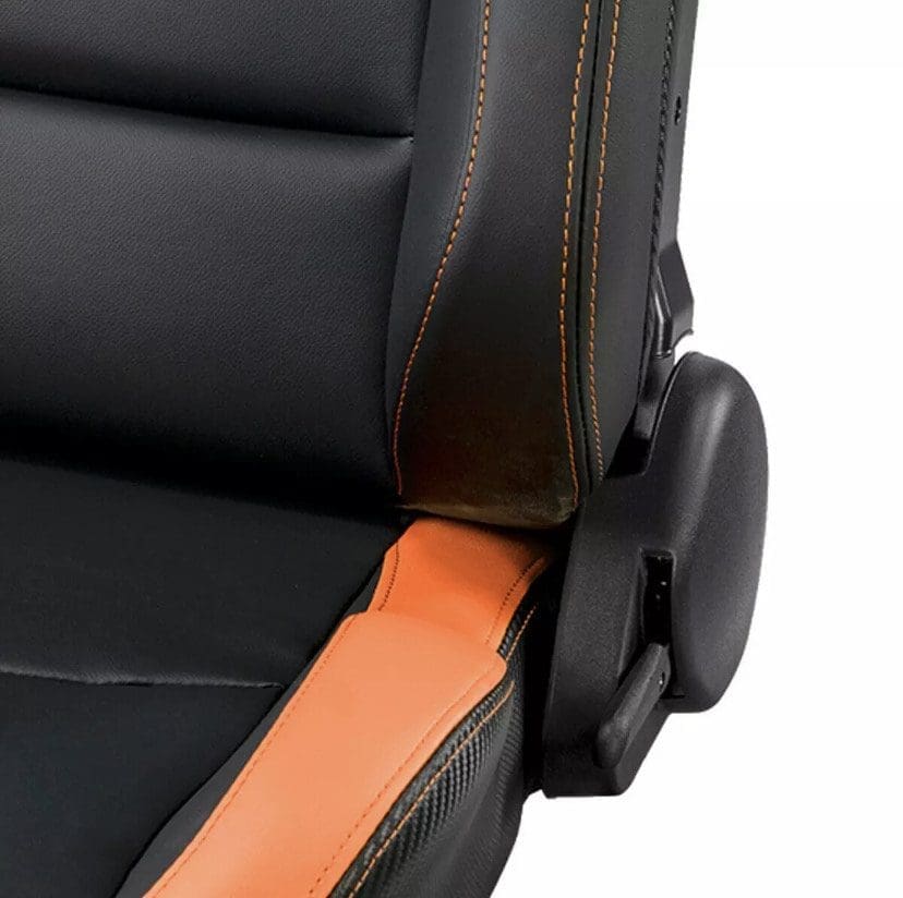 Close-up of a black and orange car seat with stitching detail.