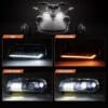 Comparison of car headlights with different lighting and design styles.