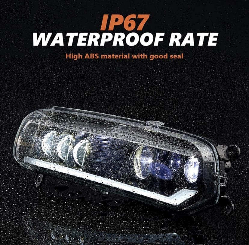 Waterproof LED headlight with IP67 rating and high ABS material.