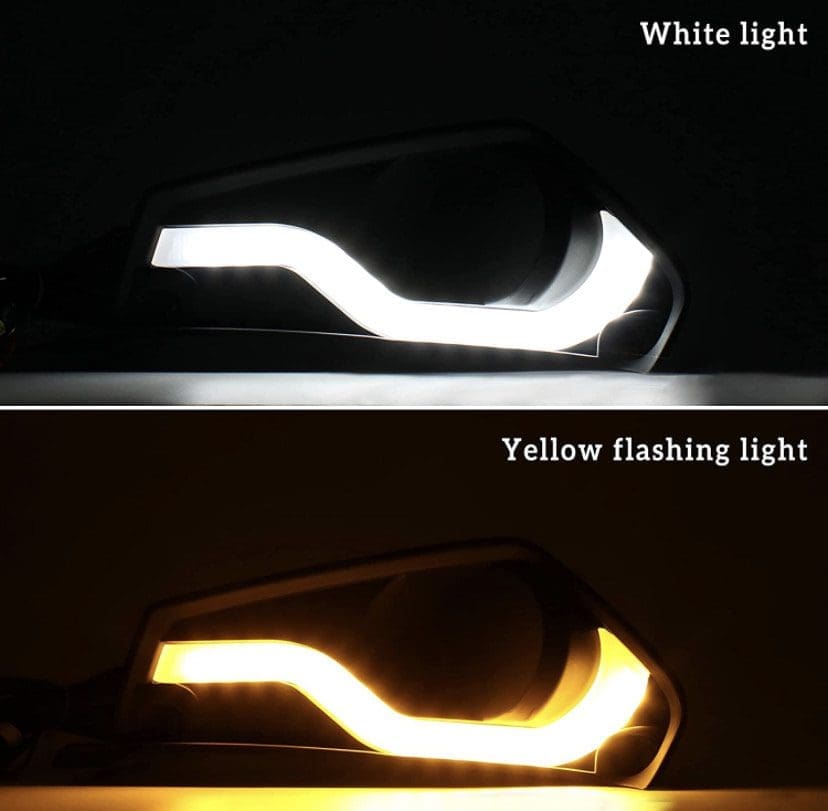 Car headlight showing white light and yellow flashing light modes.