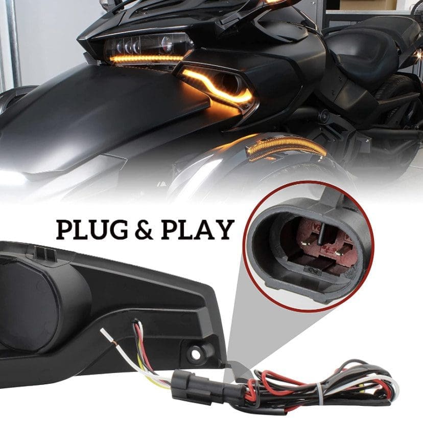 Close-up of motorcycle lights with plug-and-play wiring harness.