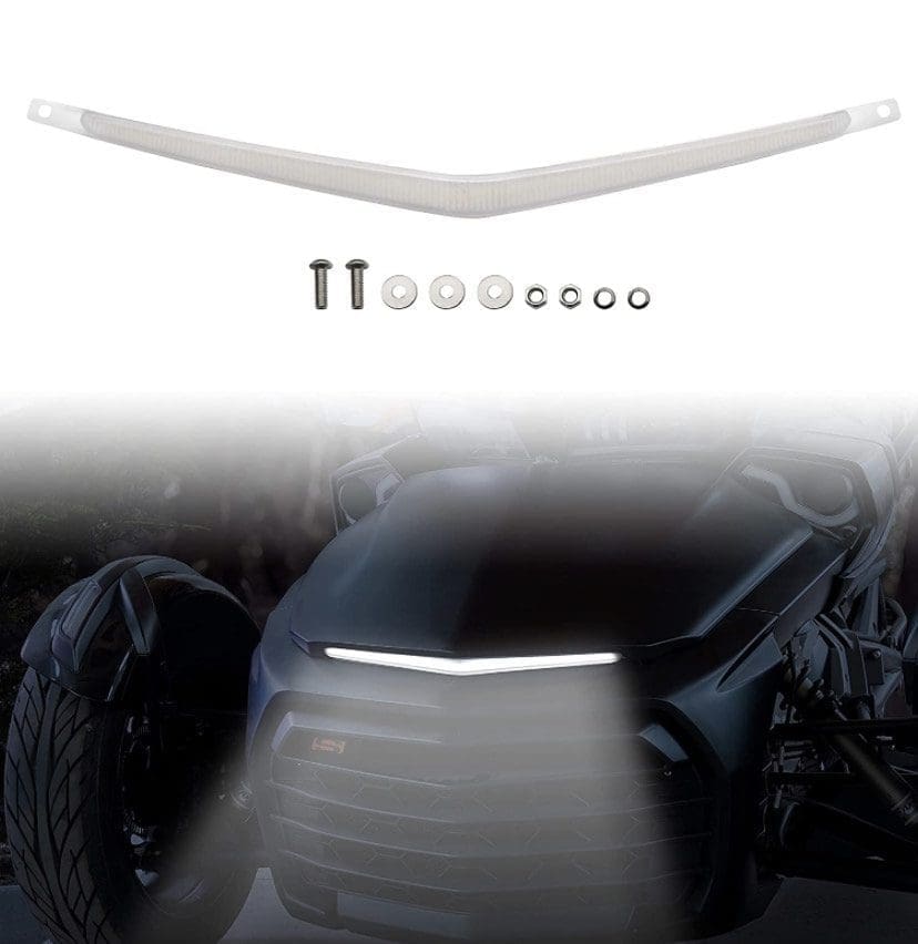 White car spoiler with mounting hardware for improved aerodynamics.