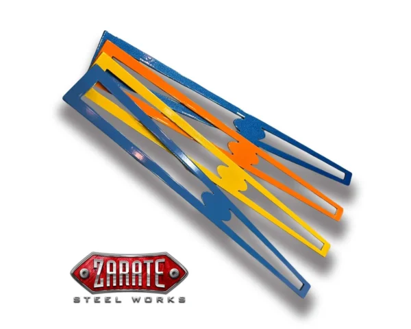 Blue, orange, and yellow metal parts