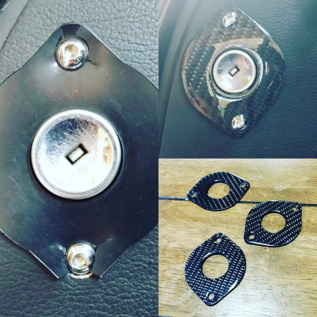 Close-up of car door lock parts and rubber gaskets on a surface.