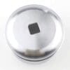 Metallic round object with a square hole in the center on a white background.