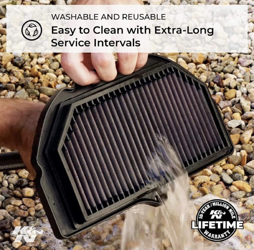 IMG_7020 Hand washing a reusable air filter on gravel, promoting easy cleaning.