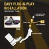 Illustration showing easy plug-n-play installation steps with foot pressing a pedal.