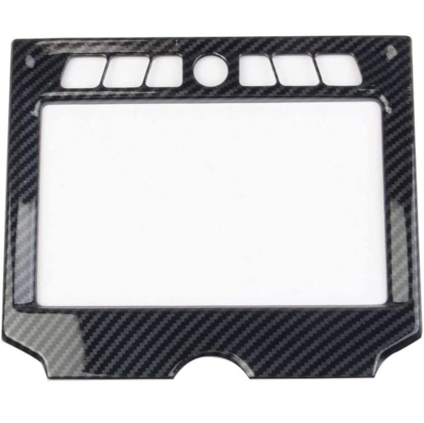 Carbon fiber dashboard frame with buttons and a circular knob.