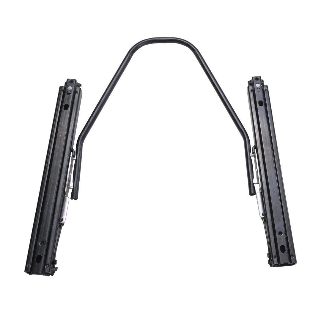 Black metal seat rails with mounting brackets.