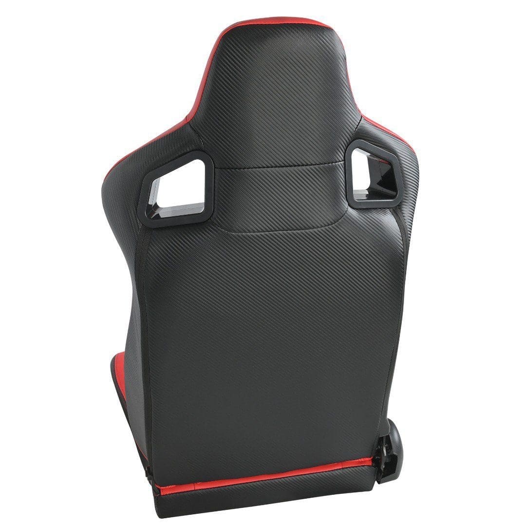 Black and red racing-style gaming chair back view.