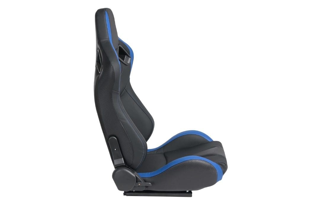 A sleek black and blue racing car seat designed for comfort and support.