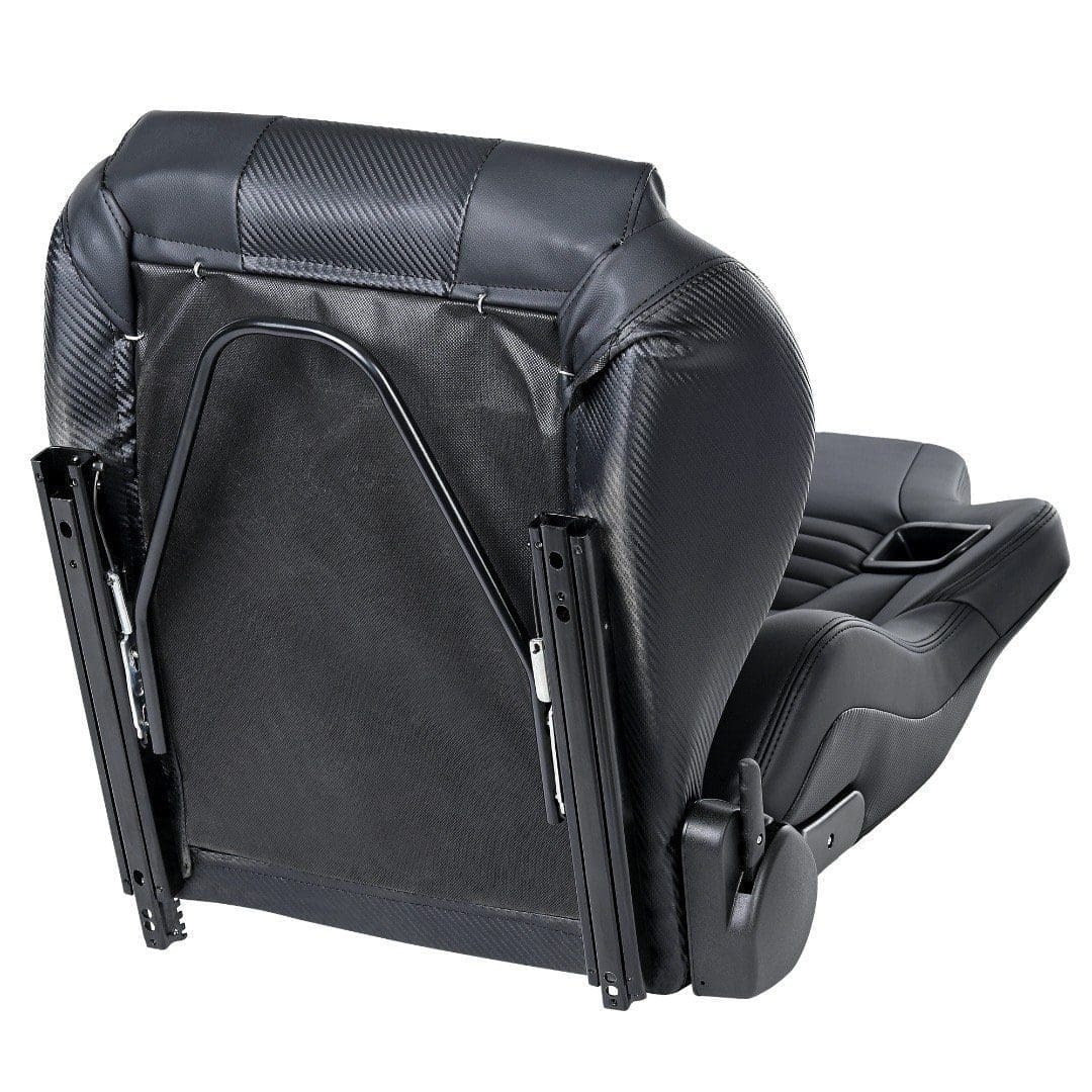 Black leather car seat with visible frame and adjustment levers.