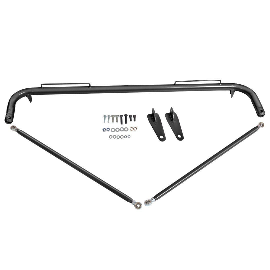 Black adjustable sway bar kit with mounting hardware for vehicle suspension.