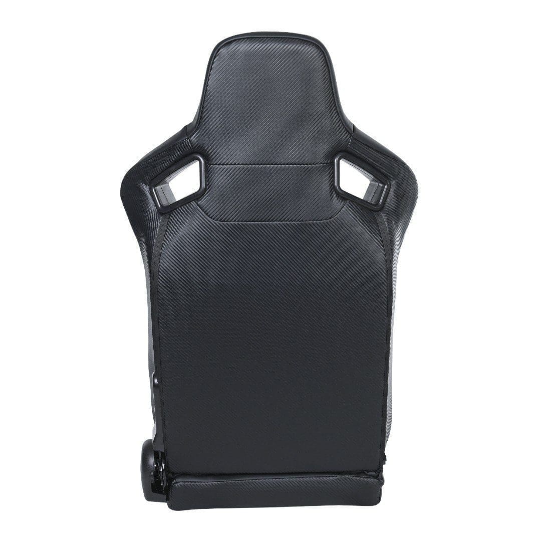 Black racing car seat with ergonomic design and harness slots.