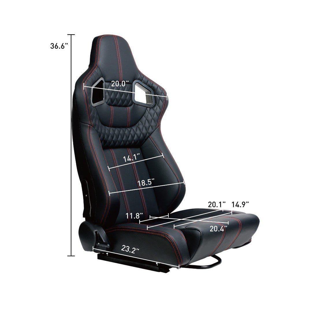 Black racing-style car seat with ergonomic design and harness slots.