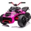 A pink and black kids' electric ride-on quad bike with large wheels.