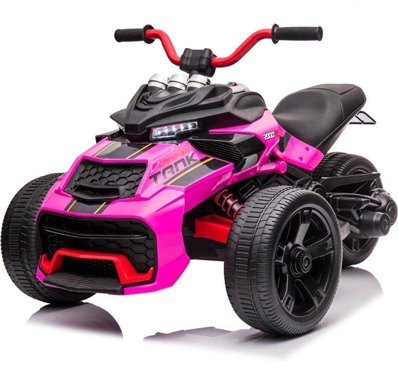 A pink and black kids' electric ride-on quad bike with large wheels.