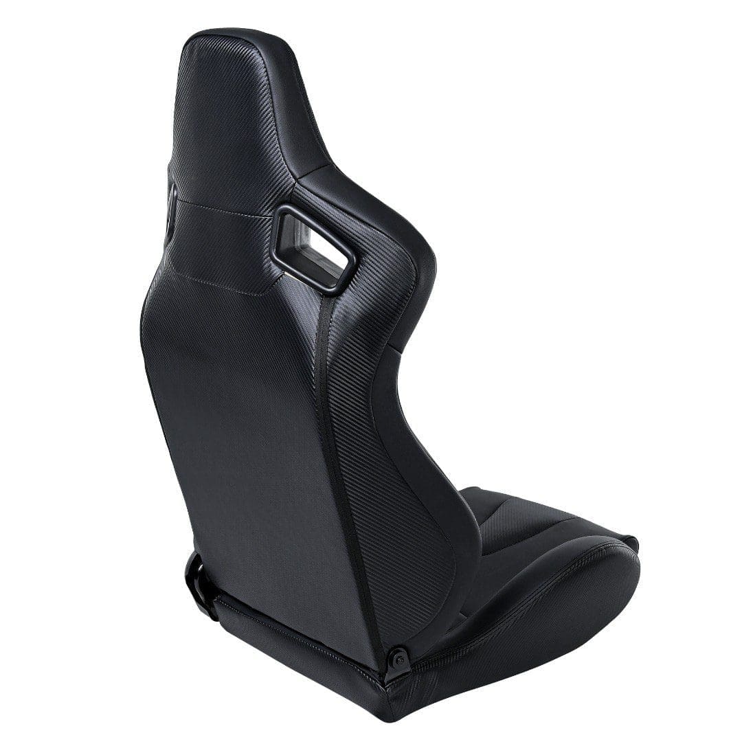 Black ergonomic gaming chair with a sleek design and cutout handle.