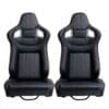 Pair of black leather car racing seats with sporty design.