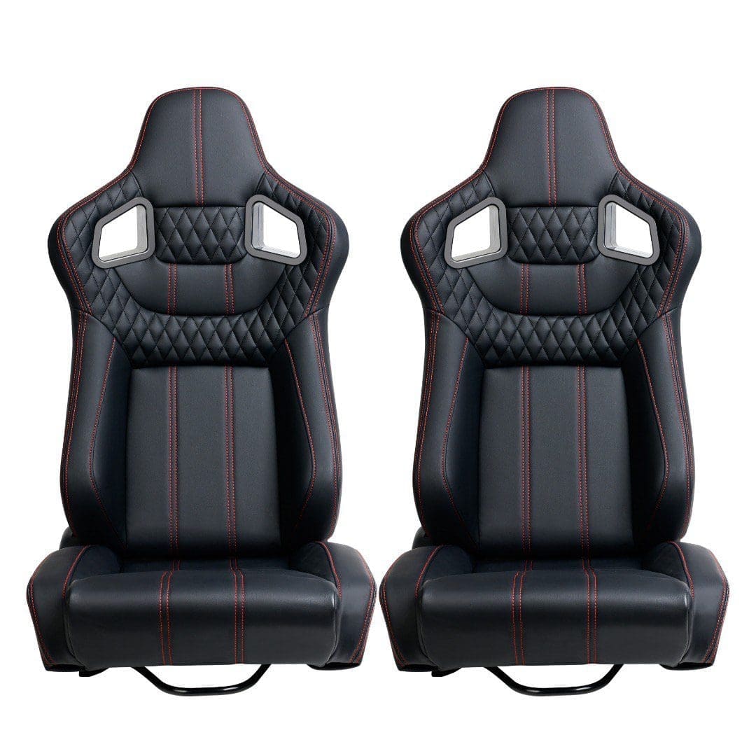 Pair of black leather car racing seats with sporty design.