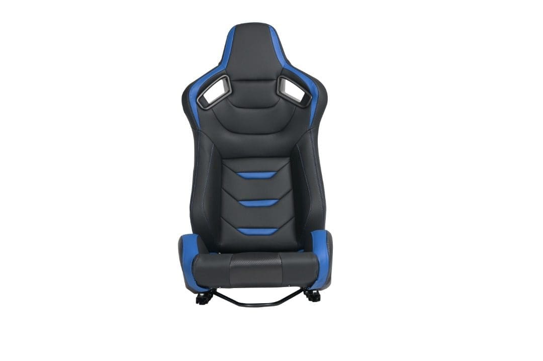 Black and blue gaming chair with ergonomic design.