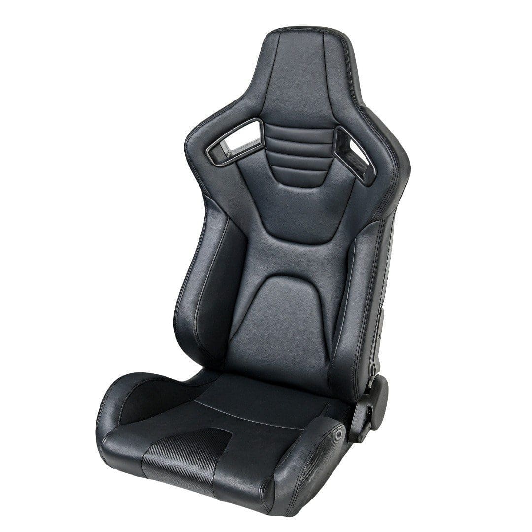 Black ergonomic racing seat with contoured design.