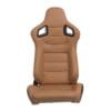 Brown leather racing-style car seat with headrest and side support.