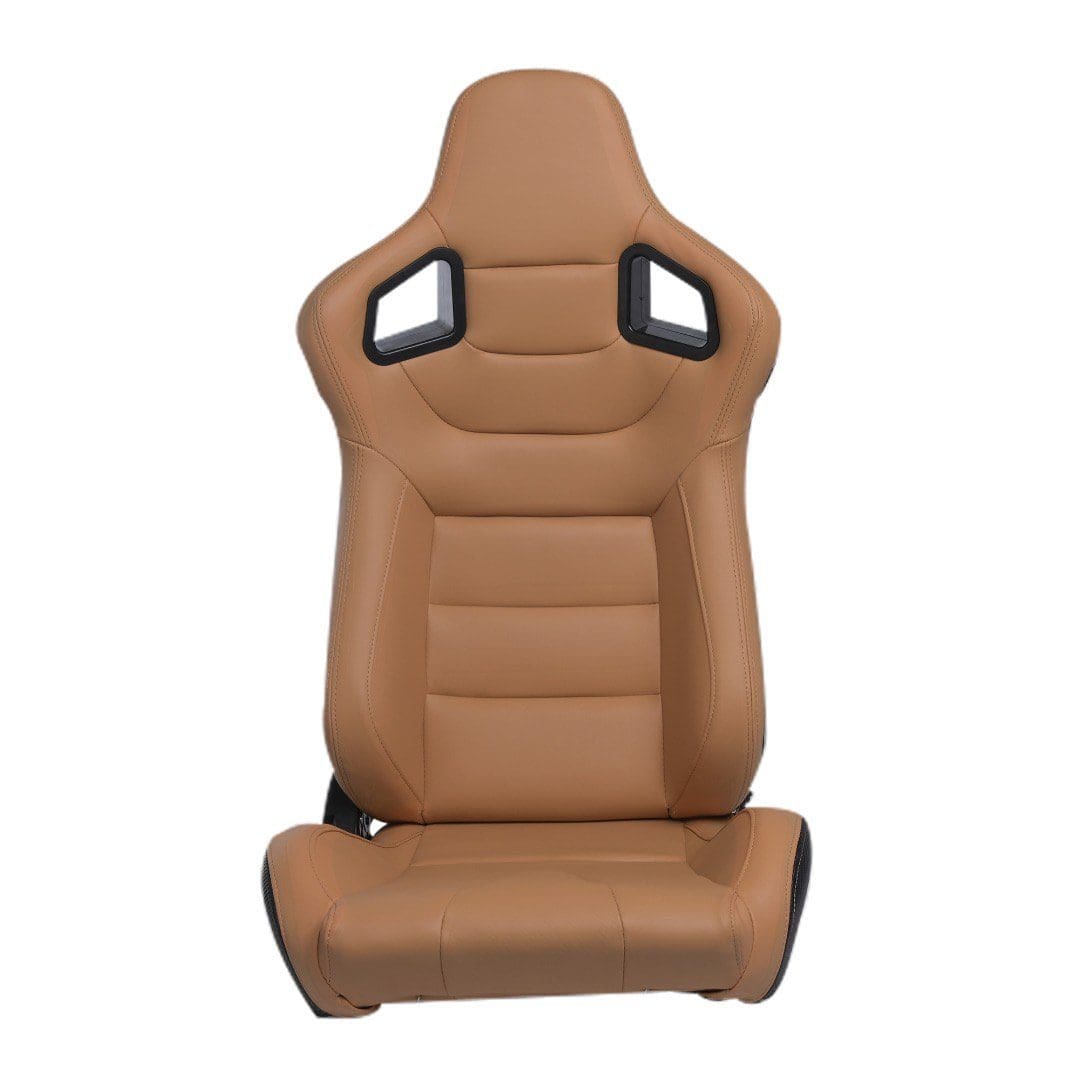 Brown leather racing-style car seat with headrest and side support.