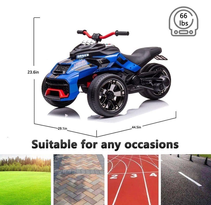 Blue electric ride-on bike for kids, 66 lbs, suitable for various terrains.