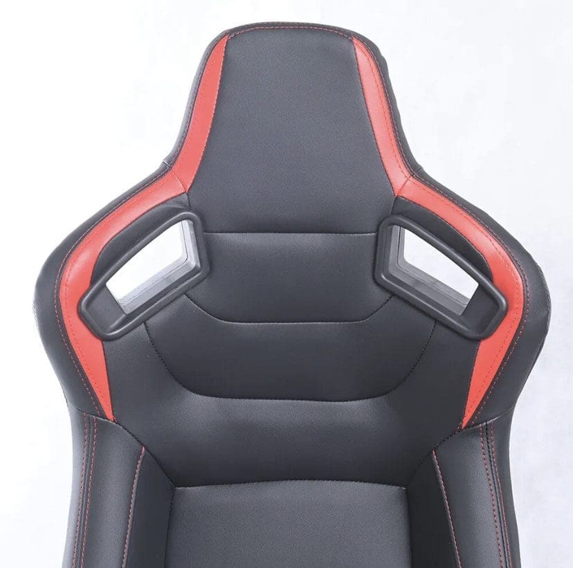 Black and red gaming chair with ergonomic design.