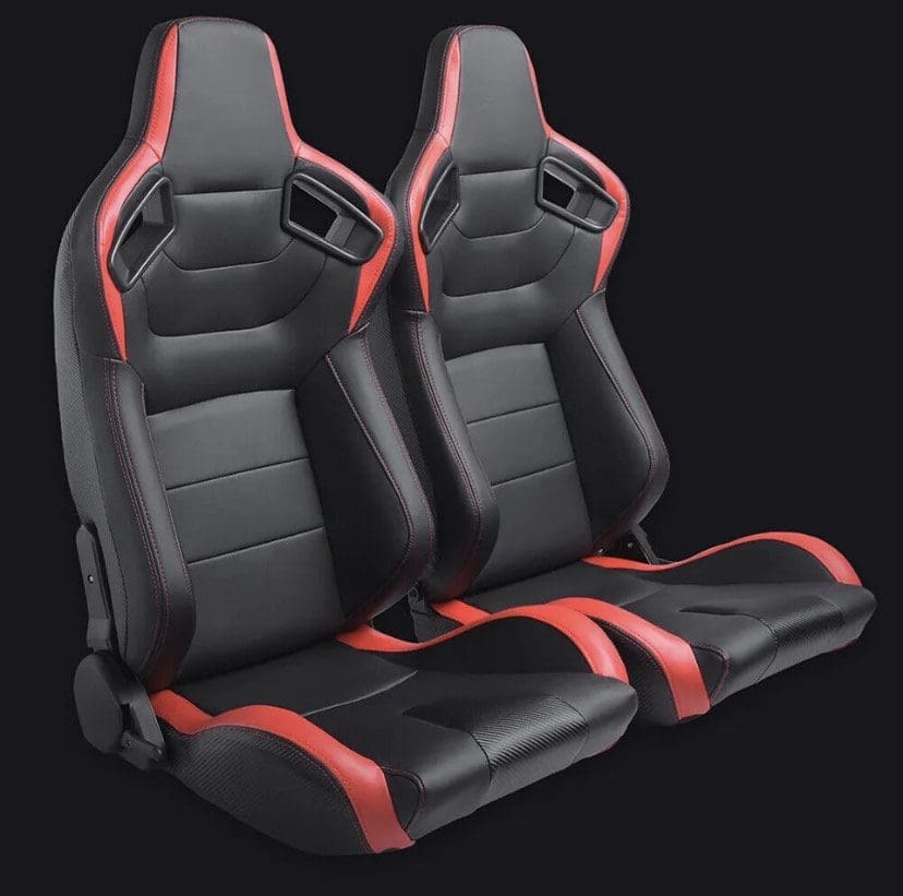 Pair of stylish black and red racing seats designed for a car.