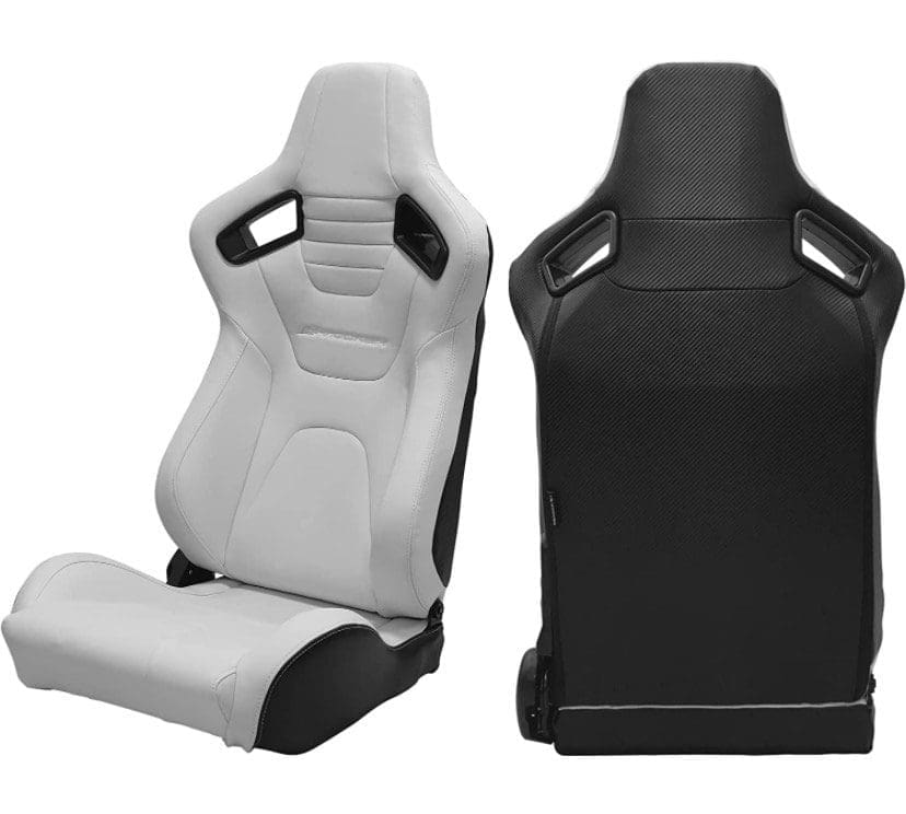 Two racing-style car seats, one gray and one black.