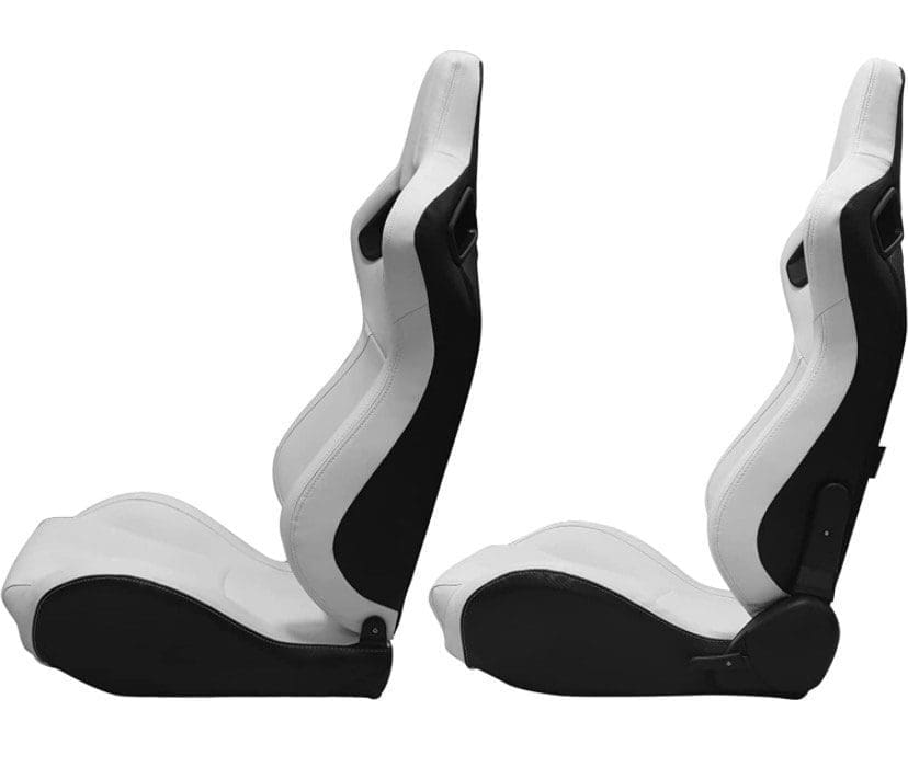 Two modern black and white ergonomic car seats.