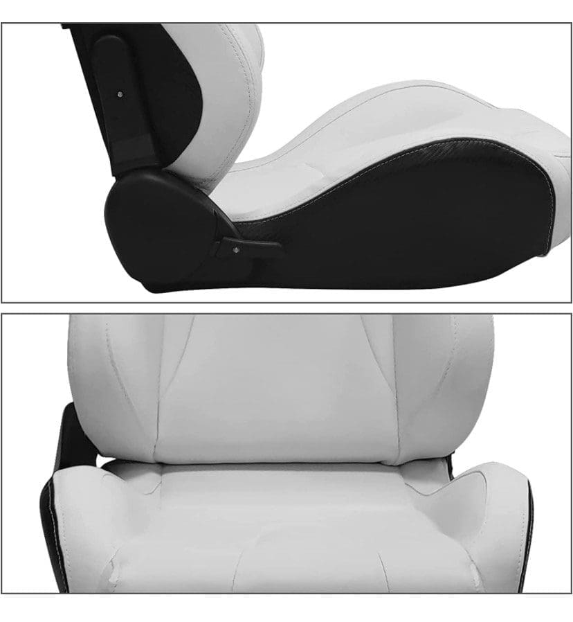 Side and front views of a cushioned chair or seat with a light-colored cover.