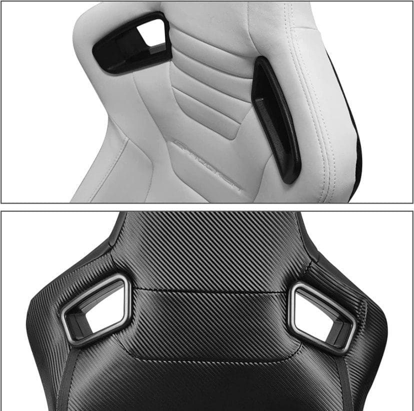 Two views of a black and gray ergonomic gaming chair with adjustable features.