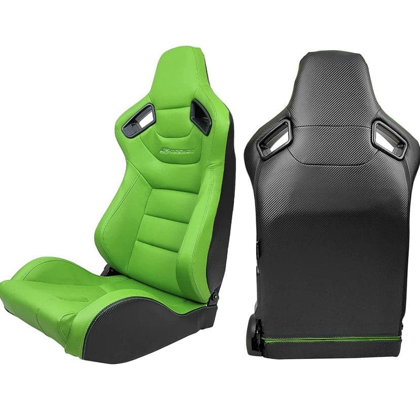 Two sporty car seats, one green front and one black back.