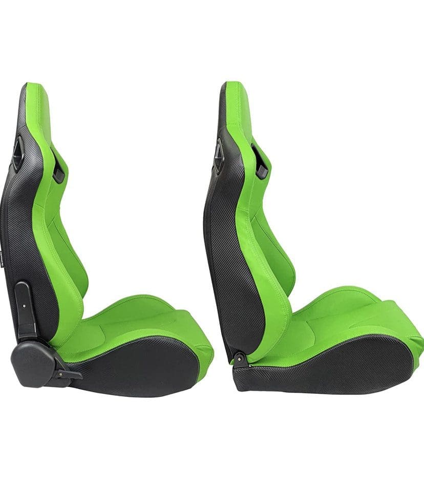 Green and black gaming or racing seats side by side.