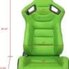 Green gaming chair with detailed measurements for width and height.