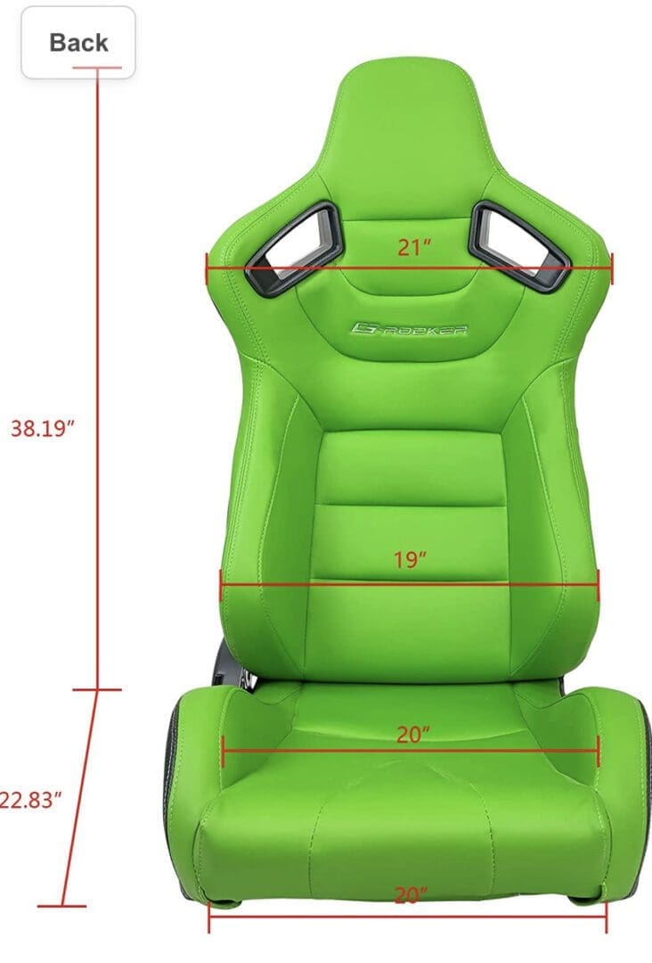 Green gaming chair with detailed measurements for width and height.