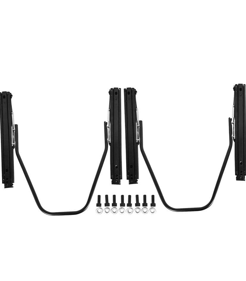 Black metal mounting brackets with screws for installation.