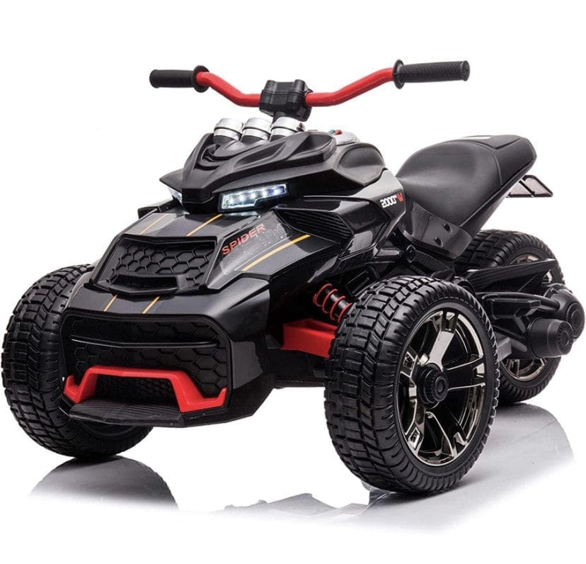 Black and red kids' electric quad bike with four wheels and handlebars.