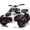 A sleek black and white kids' electric ride-on quad bike with red accents.
