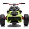 Front view of a green and black toy ATV with red handlebars.