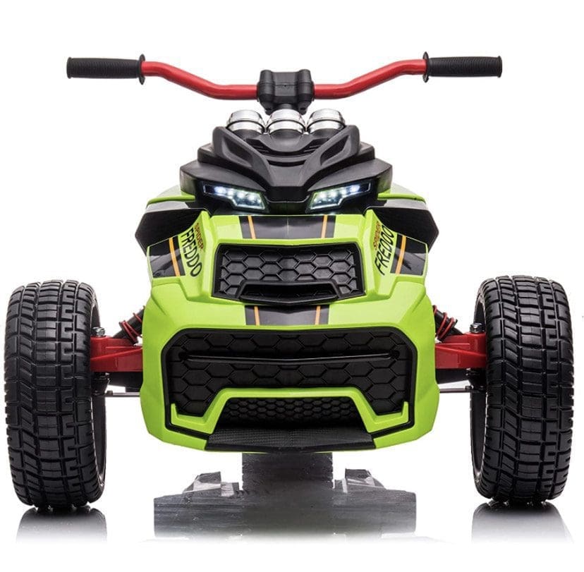 Front view of a green and black toy ATV with red handlebars.