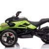 A sleek black and green three-wheeled electric ride-on toy for kids.