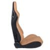 Modern ergonomic car seat with brown and black upholstery.