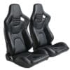 Two black racing-style car seats with ergonomic design.