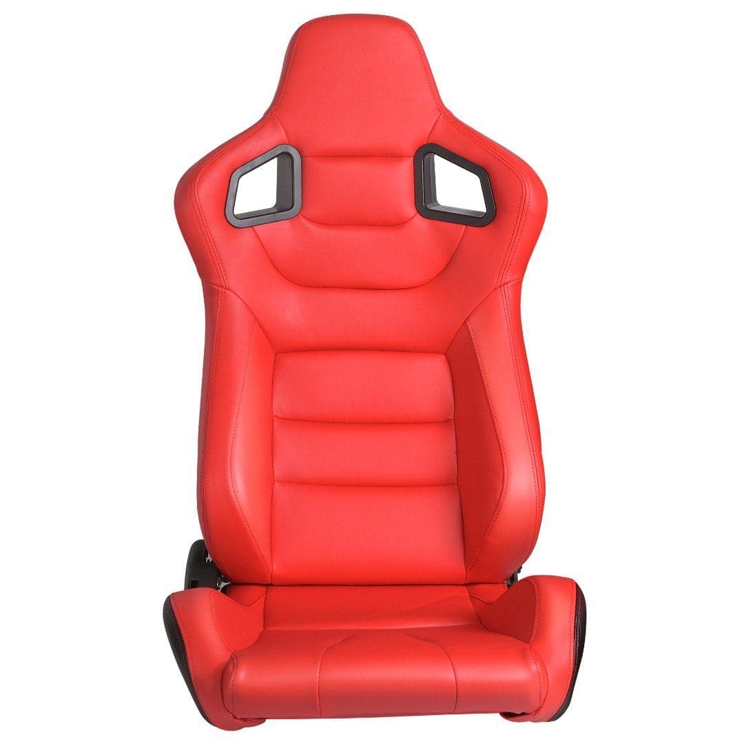 Red racing car seat with ergonomic design and side support.