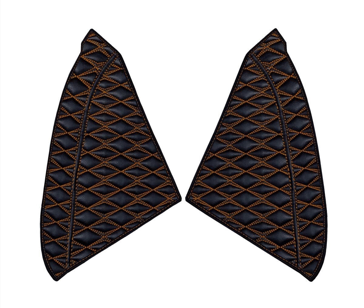 Pair of dark-colored fabric pieces with geometric patterns.